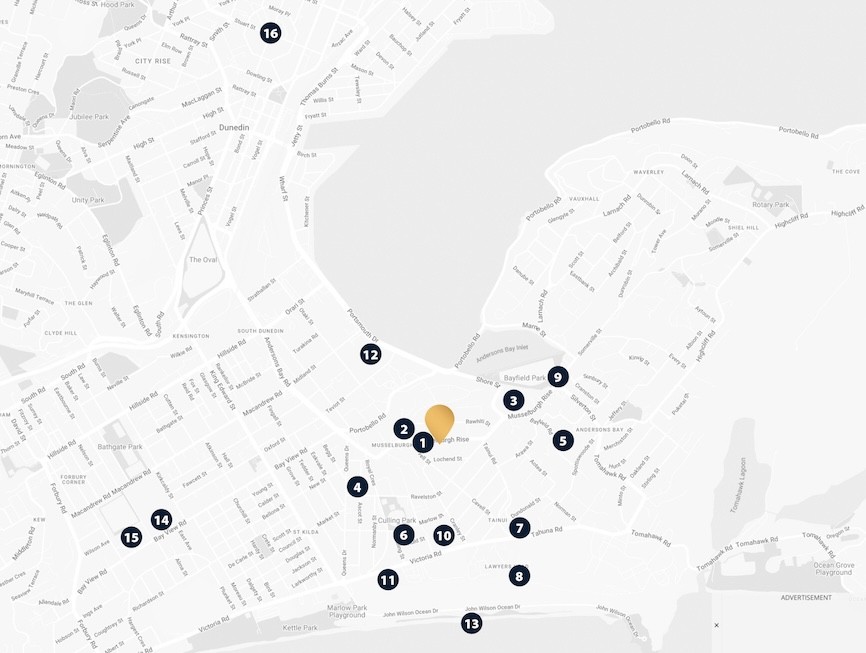 Nearby amenities map for Musselburgh Rise Dunedin