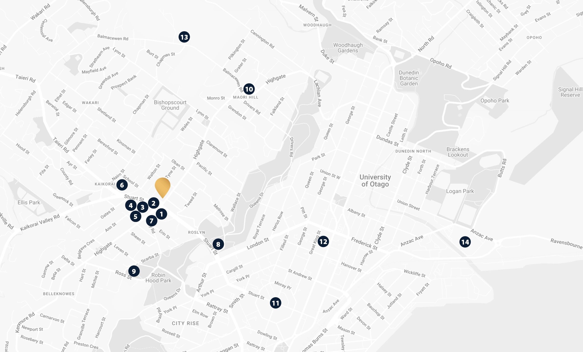 Map and amenities near TGC Homes' new luxury townhouses in Highgate Roslyn Dunedin