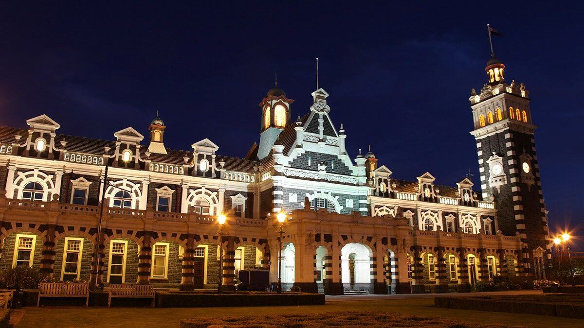 Dunedin Railway Station at night