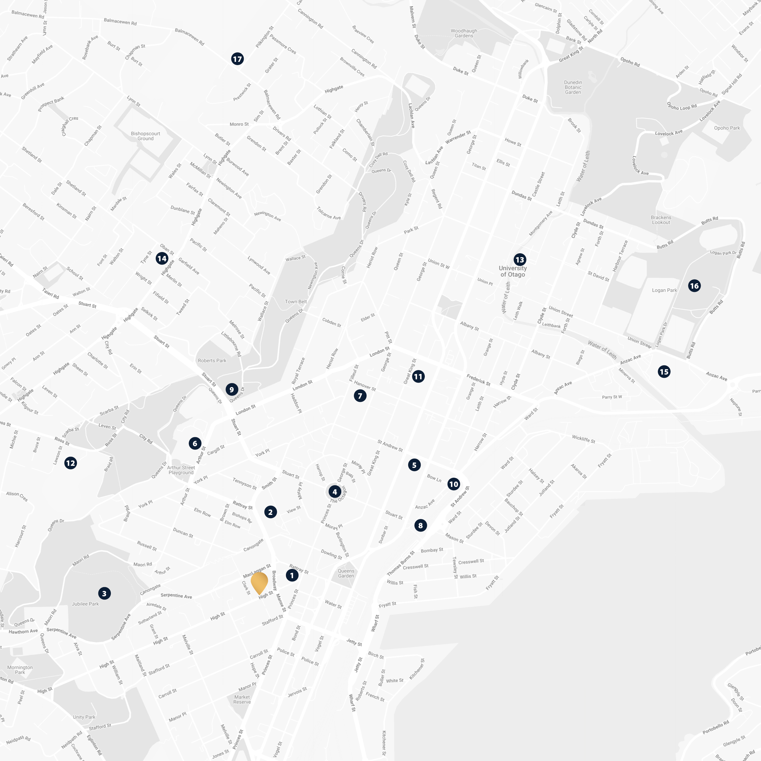 Map of nearby amenities in High St Central Dunedin apartments